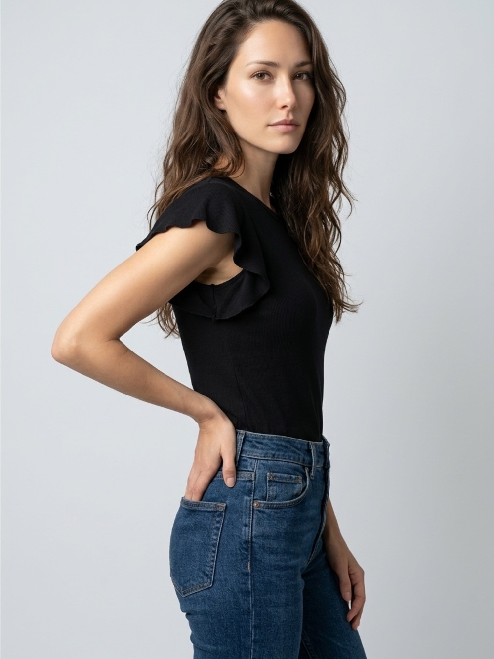 Simple Black Short Sleeve Tee with Ruffle Sleeves
